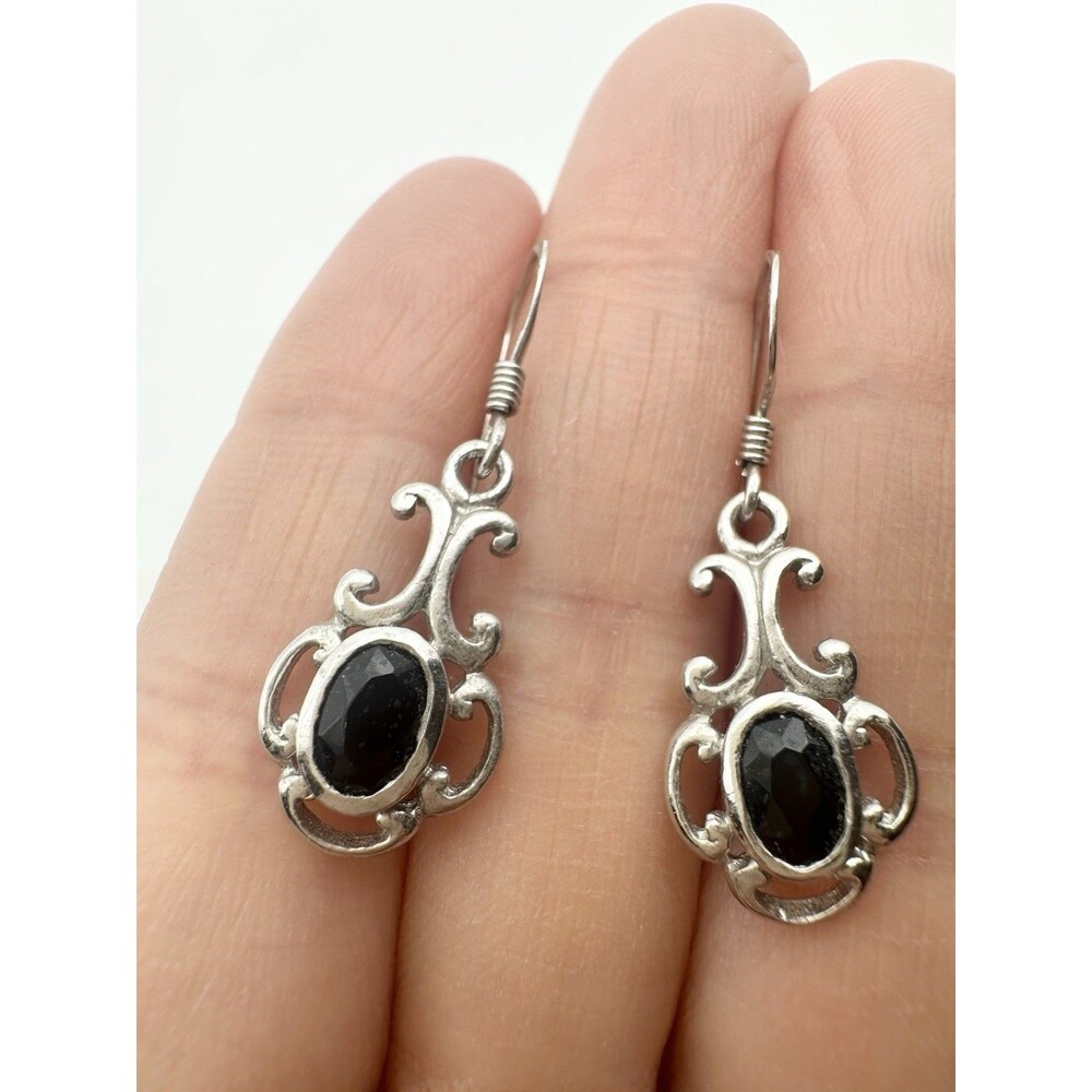 Vintage Sterling Silver Black Gemstone Dangle Pierced Earrings 925